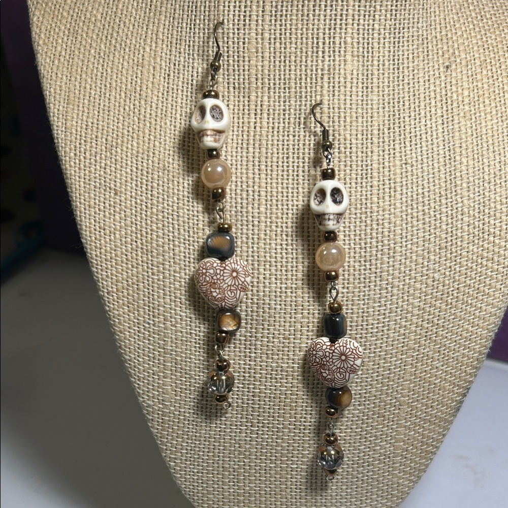 Brown and Cream Skull Heart Earrings